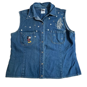 Disney Denim Sleeveless Embroidered Mickey Mouse Button-up Shirt Size XL